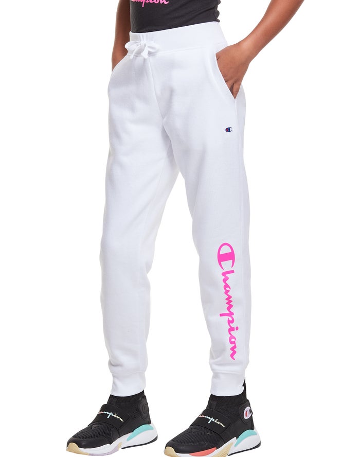 Champion Boys Joggers NZ - Fleece Script Logo White ( 3704-ZTBQP )